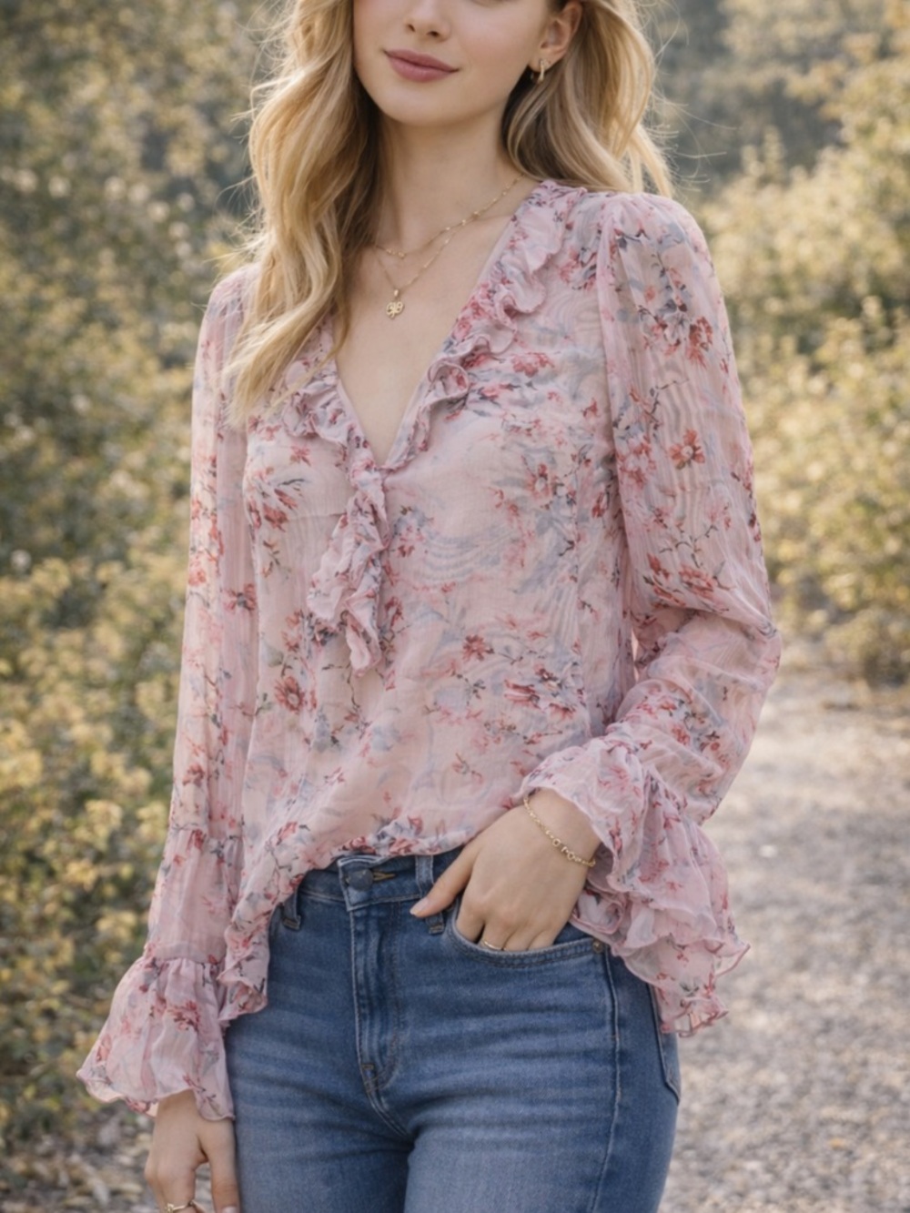 Sundance Sheer Floral Boho Blouse Ruffle Bell Sleeve Romantic Top 36397